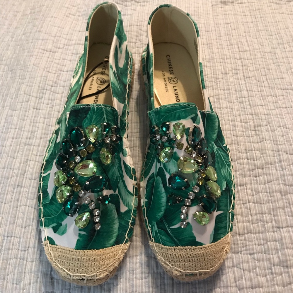 Stunning bejeweled palm print espadrilles NWOT